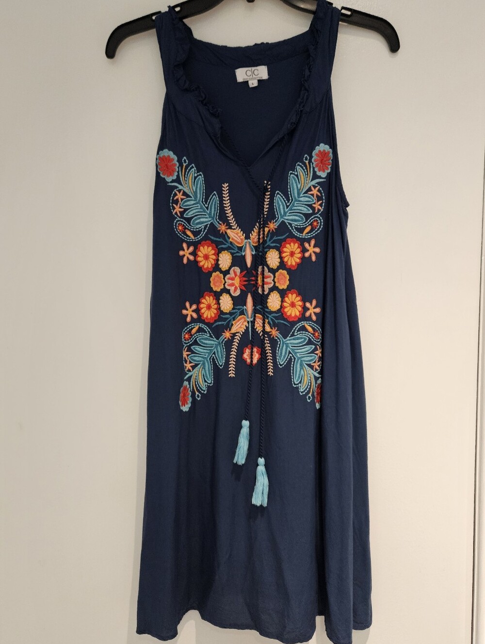 Chic Connection Navy Boho Embroidered Tassel Dress Size L EUC